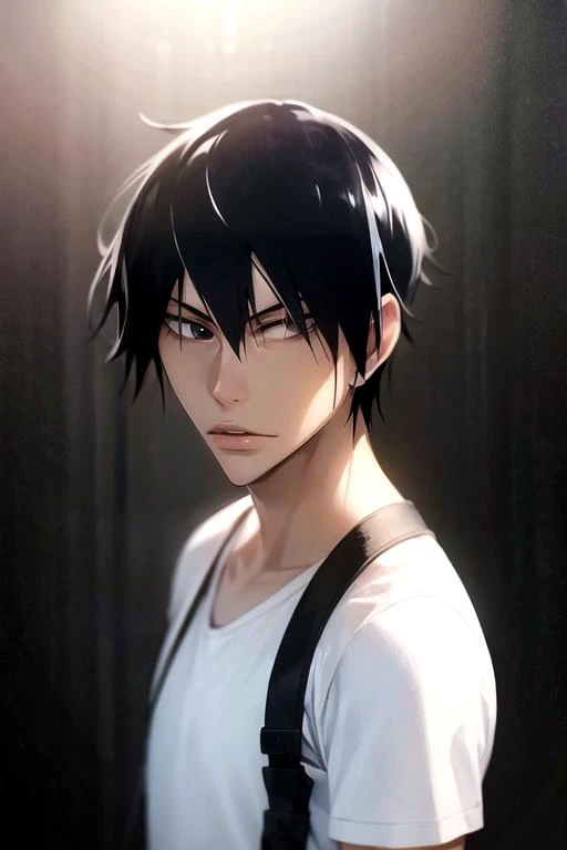 photorealistic, (4k), depth of field, (Masterpiece), (realistic skin texture), extremely detailed, intricate, hyper detailed, high resolution, professional photography, bokeh, depth of field, sharp detail, best quality, looking at viewer, 1boy, solo, male focus, <lora:shunsuke_imaizumi:1>, shunsuke_imaizumi, black hair, black eyes, hair between eyes, t-shirt dress, , science fiction dystopian,