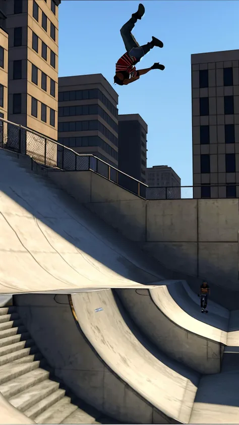 a skateboarder doing a flip stunt on a city staircase, <lora:PS2 Style:0.7>, (lowpoly:0.6), jagged edges, anti-aliasing, (pixelated:0.2), (Masterpiece:1.3) (best quality:1.2) (high quality:1.1)