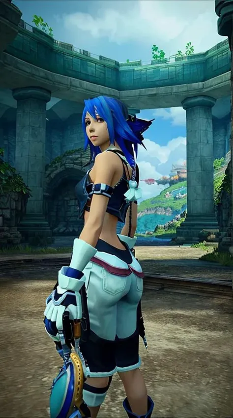 Highly detailed, High Quality, Masterpiece, <lora:[Floor]KHAqua:.75>, KH-Aqua, arm armor, (blue eyes), blurry background, bare shoulders, blue hair, smile, short spiky hair, black corset with white laces, pink torso strap, chest ornament, white detached sleeves, dark blue halter turtleneck, young woman, blue skirt with white ribbons, grey fingerless gloves, black shorts, black thighhighs, BREAK, PepePunchMeme,<lora:PepePunchMeme:1.0>