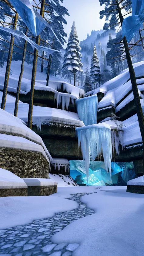 a frozen waterfall amidst a forest of crystal trees, <lora:PS2 Style:0.7>, (lowpoly:0.6), jagged edges, anti-aliasing, (pixelated:0.2), (Masterpiece:1.3) (best quality:1.2) (high quality:1.1)