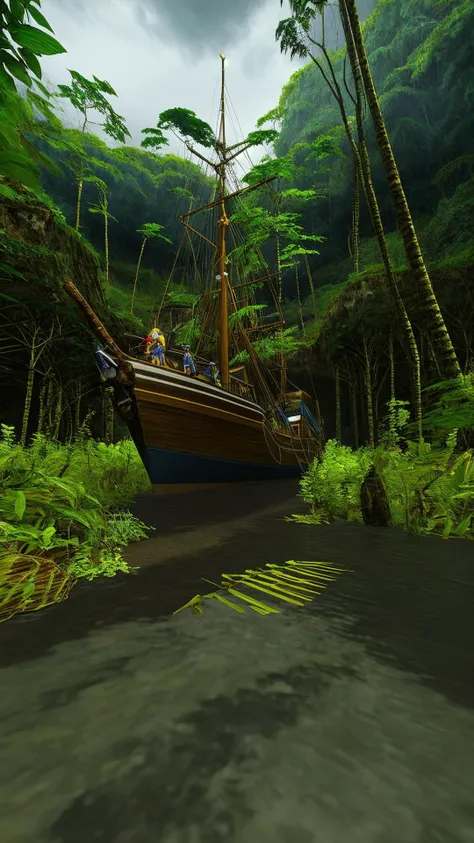 an old pirate ship anchored near a rainforest, waiting for darkness, <lora:PS2 Style:0.7>, (lowpoly:0.6), jagged edges, anti-aliasing, (pixelated:0.2), (Masterpiece:1.3) (best quality:1.2) (high quality:1.1)