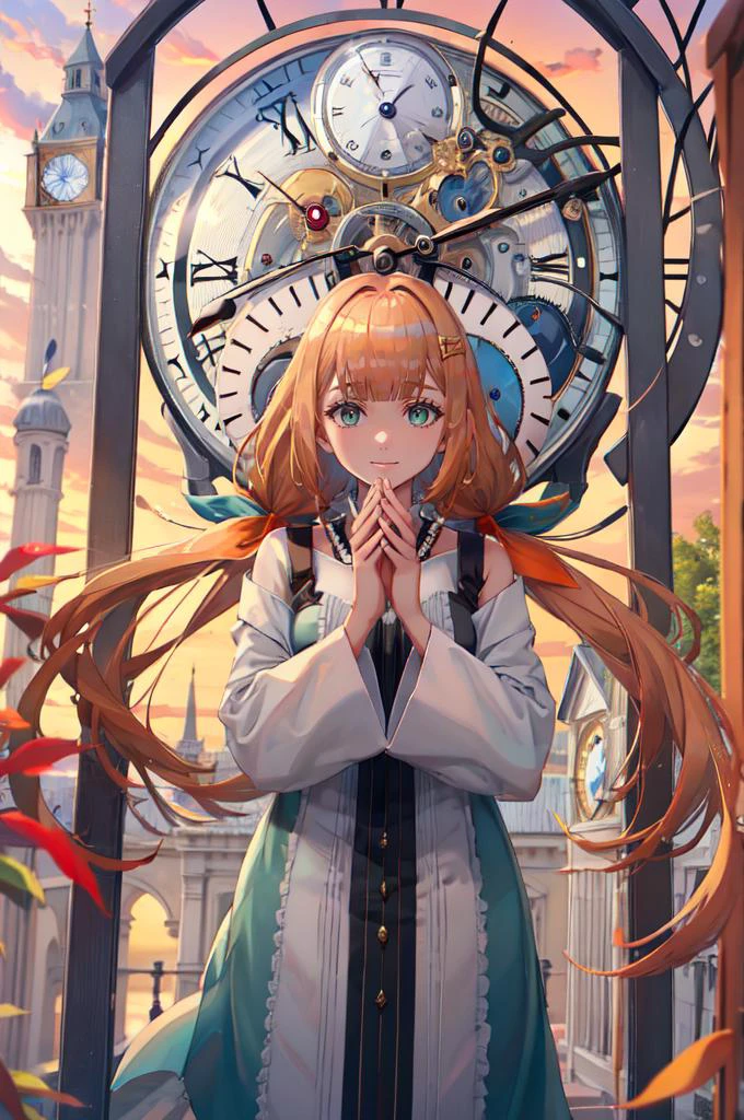 smile, straight-on, hands up, clenched hands, (clock tower:1.3), outdoors, <lora:Strelitzia:0.8> khstrelitzia, low twintails, <lora:TorinoV71:1>, absurdres, ultra detailed, masterpiece, best quality, aesthetic, detailed,