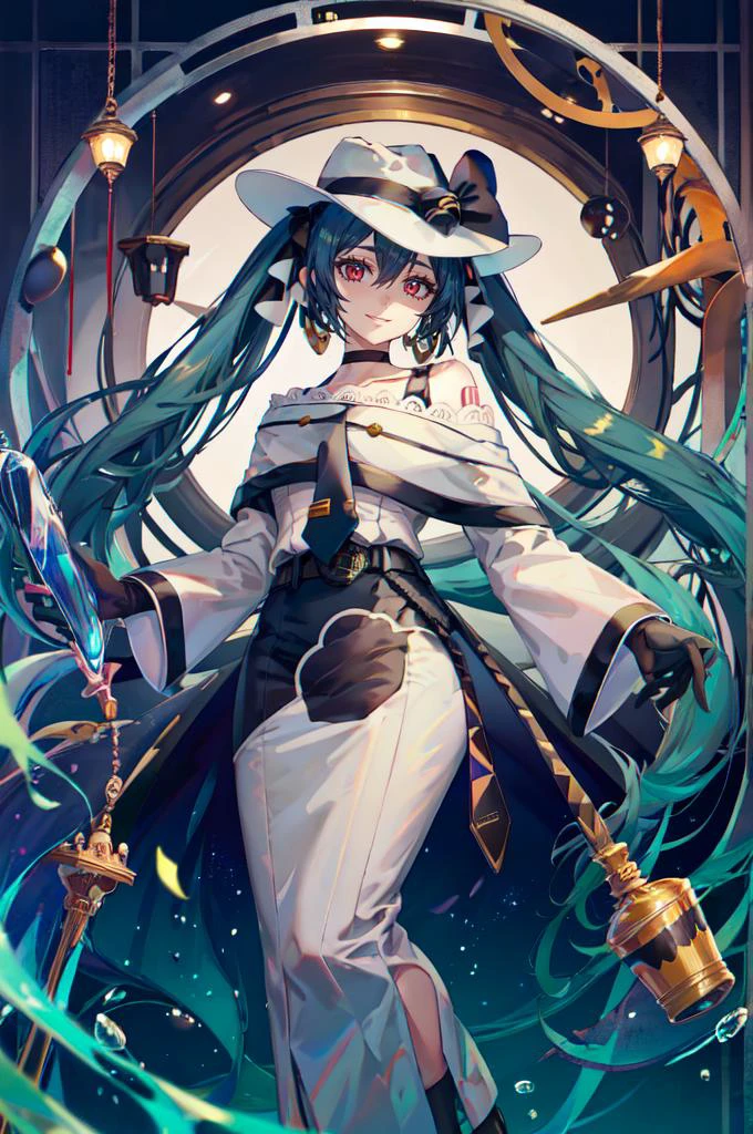 <lora:mikudark:0.85> akumiku, red eyes, twintails, blue hair, very long hair, hat, jewelry, earrings, necktie, gloves, choker, dress, bare shoulders, belt, long sleeves, bar \(place\), art deco, smile, low light, <lora:TorinoV71:1>, absurdres, ultra detailed, masterpiece, best quality, aesthetic, detailed,