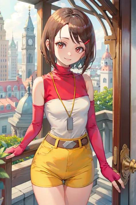 <lora:Hikari:1> HikariDef, brown eyes, red eyes, brown hair, short hair, hair ornament, hairclip, sleeveless shirt, turtleneck, bare shoulders, elbow gloves, fingerless gloves, high-waist shorts, yellow shorts, belt, jewelry,  <lora:TorinoV71:1> smile,, absurdres, ultra detailed, masterpiece, best quality, aesthetic, detailed,