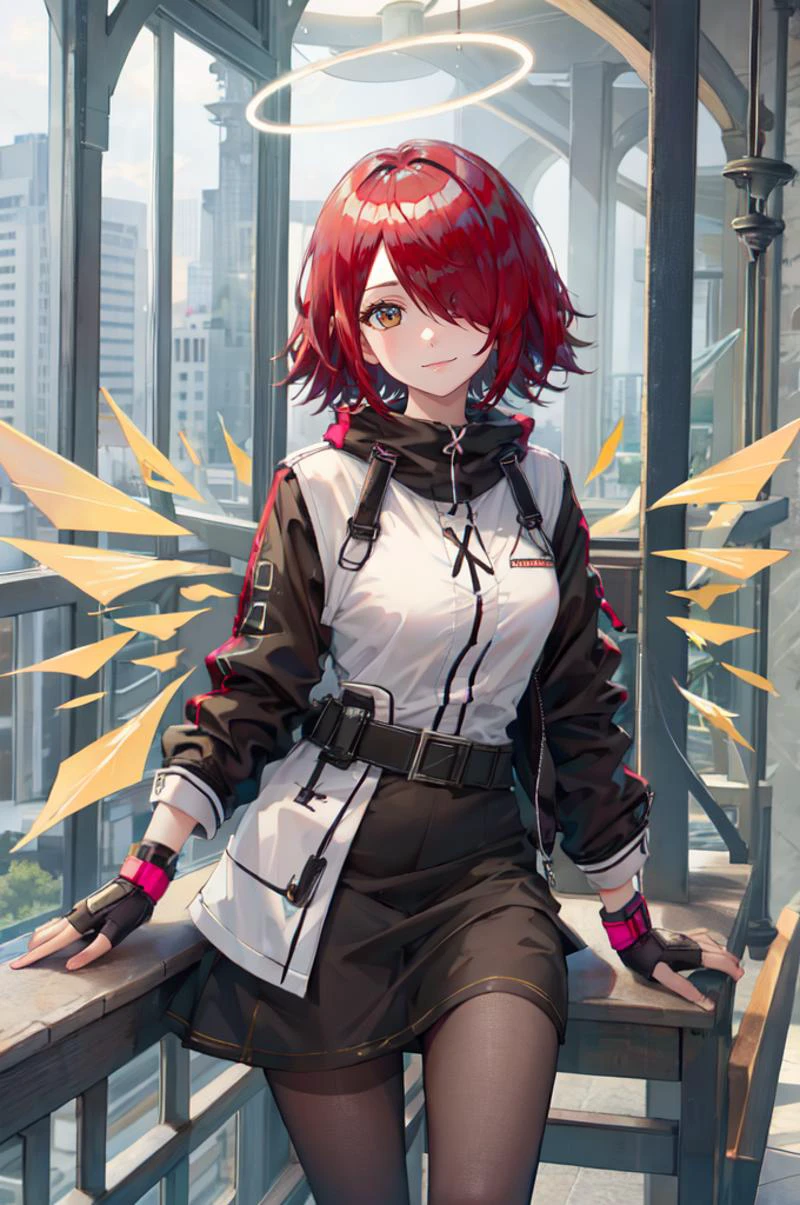 <lora:exusiai:1> exusiai, 1girl, solo, red hair, short hair, brown eyes, hair over one eye, halo, jacket, belt, black pantyhose, detached wings, black skirt, fingerless gloves, smile, <lora:TorinoV71:1>, absurdres, ultra detailed, masterpiece, best quality, aesthetic, detailed,