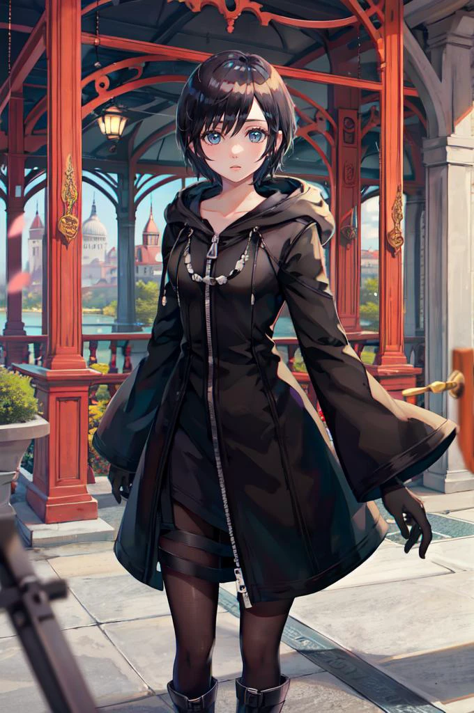 straight-on, solo, <lora:xion_(kingdom_hearts)_1:0.7> aaxion, short hair, hood, black coat, hooded coat, zipper, long sleeves, black pantyhose, black gloves, black knee boots, <lora:TorinoV71:1>, absurdres, ultra detailed, masterpiece, best quality, aesthetic, detailed,