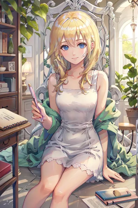sitting, smile, holding pencil, <lora:namine_v1:0.7> aanamine, blonde hair, bare shoulders, white dress, <lora:TorinoV71:1>, absurdres, ultra detailed, masterpiece, best quality, aesthetic, detailed,