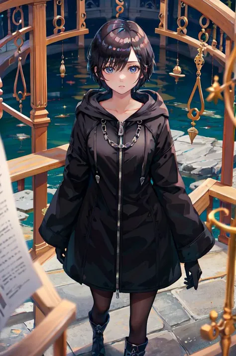 straight-on, solo,  <lora:xion_(kingdom_hearts)_1:0.7> aaxion, short hair, hood, black coat, hooded coat, zipper, long sleeves, black pantyhose, black gloves, black knee boots,  <lora:TorinoV71:1>, absurdres, ultra detailed, masterpiece, best quality, aesthetic, detailed,