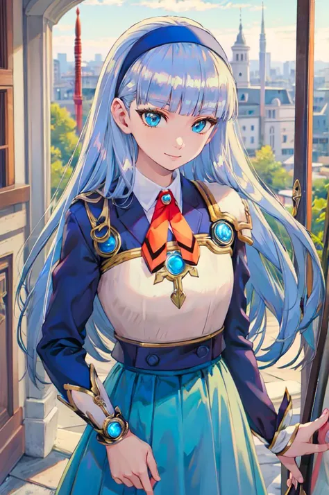 <lora:umi_ryuuzaki_shoulder_armor:1> 1girl, umi ryuuzaki, hairband, armor shoulder armor, blue skirt, smile,   <lora:TorinoV71:1>, absurdres, ultra detailed, masterpiece, best quality, aesthetic, detailed,