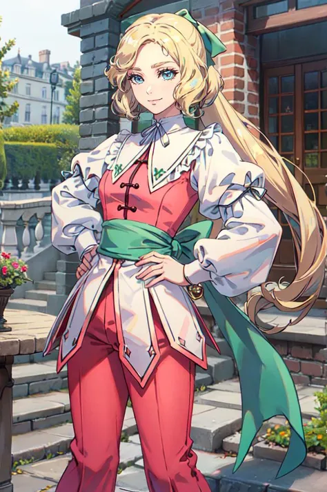 solo, cowboy shot, smile, hands on own hips, <lora:CastlevaniaMaria-v1:0.6> ChopioMaria, blue eyes, blonde hair, very long hair, wavy hair, eyelashes, ||outfit_1, green hair ribbon, low ponytail, pink dress, white collar, pilgrim collar, white ribbon, frills, puffy sleeves, juliet sleeves, green sash, pink pants, layered pants, shoes, brown footwear,   <lora:TorinoV71:1>, absurdres, ultra detailed, masterpiece, best quality, aesthetic, detailed,