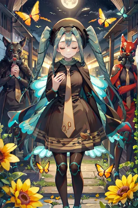 <lora:mikubug:1> mushimiku, twintails, blue hair, hat, brown dress, insect wings, necktie, black leggings, singing, night sky, closed eyes, smile,  <lora:TorinoV71:1>, absurdres, ultra detailed, masterpiece, best quality, aesthetic, detailed,