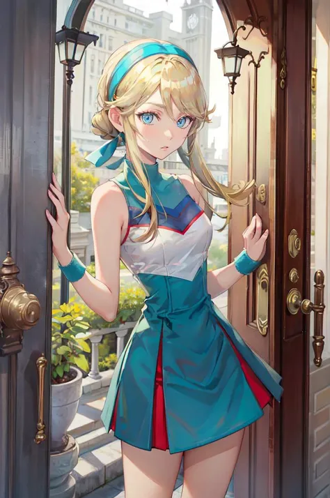 solo, <lora:heroman_linadavis:0.9> lina davis, blue eyes, blonde hair, hairband, cheerleader, dress, bare shoulders, <lora:TorinoV71:1>, absurdres, ultra detailed, masterpiece, best quality, aesthetic, detailed,