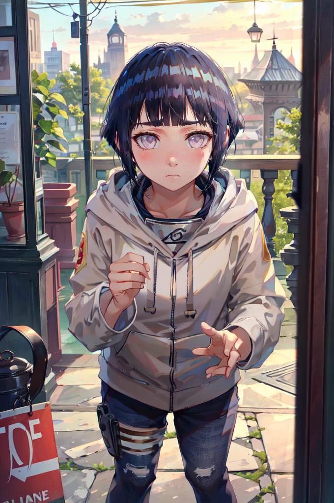 solo, shy, blush, looking down, pov, facing viewer, <lora:hinata_hyuuga:0.75> hinata_hyuuga, white eyes, no pupils, short hair, blue hair, blunt bangs, sidelocks, hoodie, forehead protector, jacket, blue pants, <lora:TorinoV71:1>, absurdres, ultra detailed, masterpiece, best quality, aesthetic, detailed,