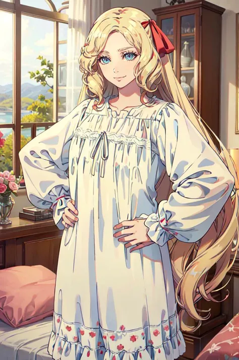 solo, cowboy shot, smile, hands on own hips, <lora:CastlevaniaMaria-v1:0.6> ChopioMaria, blue eyes, blonde hair, very long hair, wavy hair, eyelashes,  outfit_2, red hair ribbon, sleepwear, white nightgown, white ribbon, puffy long sleeves, sleeves past wrists,  <lora:TorinoV71:1>, absurdres, ultra detailed, masterpiece, best quality, aesthetic, detailed,