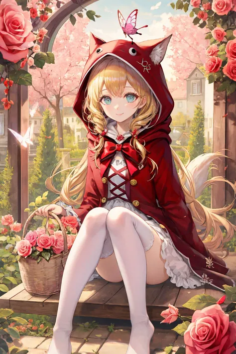 little red riding hood \(grimm\), flower, blonde hair,floating hair,light eyes, butterfly, rose, rabbit, bug, pink rose, bird, long hair, sitting, french text, hood, english text, basket, wolf, multiple girls, tree, 1girl, smile, dress, food, pink flower, white stockings bare feet
/////////// <lora:Torino_V71:1>, <lora:ç»ä¸½çå
å½±:0.2>,<lora:add_detail:0.35>, <lora:adaptedmodel:0.35>