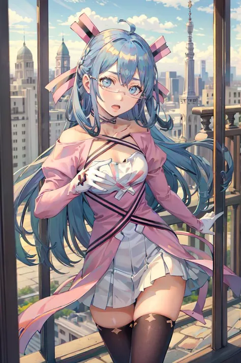 solo, <lora:Midori:0.9> midoridesu, blue eyes, blue hair, long hair, glasses, hair ribbon, ribbon, pink dress, black thighhighs, gloves, surprised, open mouth,   <lora:TorinoV71:1>, absurdres, ultra detailed, masterpiece, best quality, aesthetic, detailed,