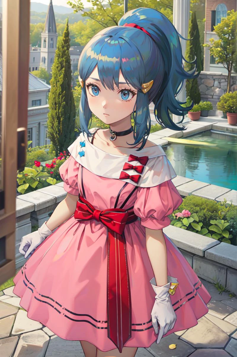 <lora:PKMN_Dawn_Pink_Contest_Dress_v1:1> pkmndawn, 1girl, solo, blue eyes, blue hair, ponytail, sidelocks, bangs, hair ornament, hairclip, pink dress, short sleeves, puffy sleeves, sidelocks, choker, red bow, white gloves, full body, <lora:TorinoV71:1>, absurdres, ultra detailed, masterpiece, best quality, aesthetic, detailed,