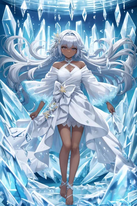 beautiful detailed glow,Floating ice crystals,((masterpiece)), (((best quality))), ((ultra-detailed)), ((illustration)),soloï¼girlï¼Dark skinï¼black eyesï¼white hairï¼disheveled hairï¼Loose hairï¼White glossy loose long hairï¼White off shoulder dressï¼barefootï¼