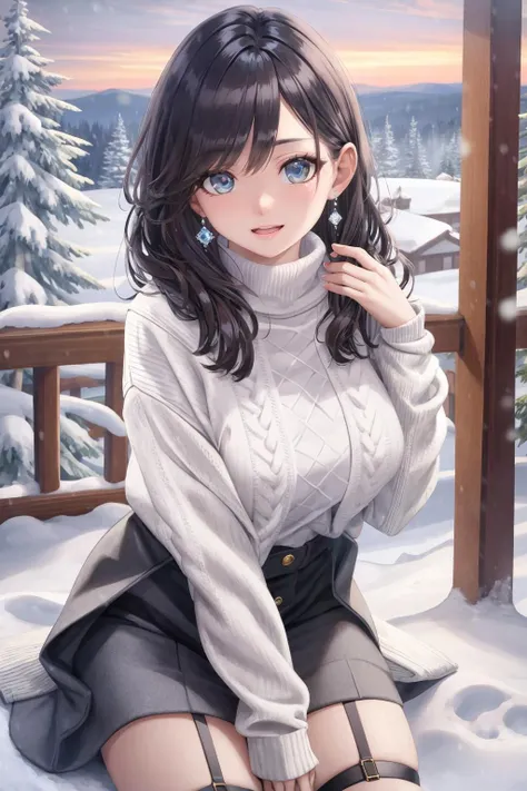 masterpiece, realistic, photo realistic, hyper realistic, best quality, ultra-detailed, super detailed skin, kawaii, cute, lovely, extremely detailed, 4K, 8K, beautiful, solo, 1girl, cute, looking at you, open mouth, evil smile, feel awkward, shy, middle breast, light bronde hair,
White fuzzy knit sweater
Black culotte skirt
Garter belt
Long boots
pastel color
snow, snowy, diamond dust,
(beautiful eyes), (dark skin:1.1), shiny skin,