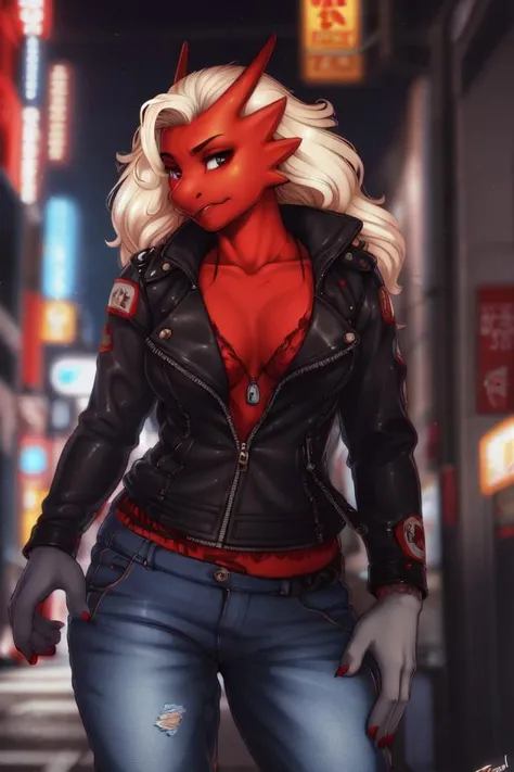 (by spiritd, by nextel, by bambii dog, by personalami), female, solo, blaziken, avian, feathers, fur, muscular, clothed, topwear, bottomwear, cyberpunk, akihabara, tokyo, street, night, neons, leather jacket, jeans, breasts