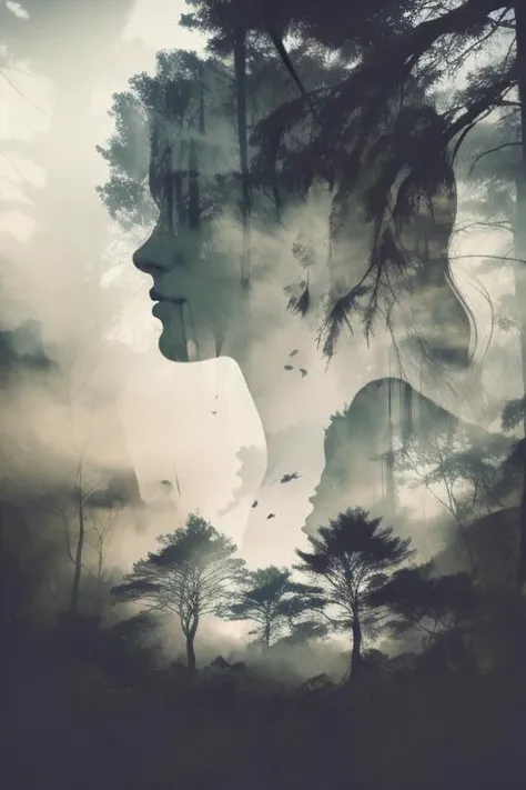 (masterpiece, detailed, double exposure, mist explosion:1.2), dense woodland, expansive forest landscape, layered imagery, man's silhouette, (subtle True Detective homage:1.1), dusky skies, transitioning light, faint stars, mystic aura, softened contours, mist-covered ground, haunting atmosphere, layered foliage, intertwining branches, muted colors, hauntingly beautiful, textured tree barks, obscured figure, intricate leaves, dreamlike setting, calm yet mysterious, cinematic framing, <lora:double exposure:1>