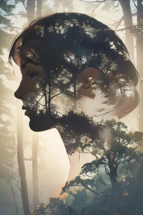 (masterpiece, detailed, <lora:double exposure_20230615012613:0.9>,double exposure, mist explosion:1.2), dense woodland, expansive forest landscape, layered imagery, Santa Claus, (subtle True Detective homage:1.1), dusky skies, transitioning light, faint stars, mystic aura, masterpiece, best quality, layered foliage, intertwining branches, muted colors, hauntingly beautiful, textured tree barks, obscured figure, intricate leaves, dreamlike setting, calm yet mysterious, cinematic framing