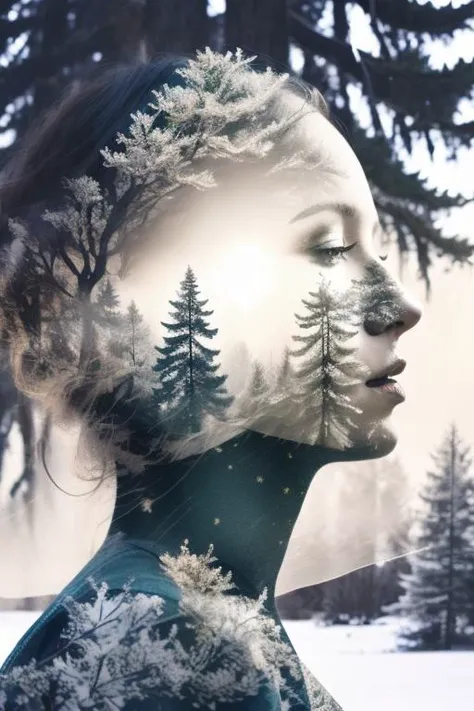 (masterpiece, detailed, double exposure, mist explosion:1.2),layered imagery, Santa Claus, (subtle holiday homage:1.1), <lora:double exposure:1>, Vibrant, ultra-detailed 8k photo capturing a stack of holiday gift boxes wrapped in shimmering foil paper in hues of gold, emerald, and ruby. Tangled ribbons cascade ly, catching the light, with twinkling fairy lights adding to the festive glow, softened contours, snow-covered ground, celebratory atmosphere, layered pine trees, intertwining branches, muted colors, beautifully lit up, textured tree barks, obscured figure, intricate snowflakes, dreamlike winter setting, calm yet joyful, cinematic framing, cinematic framing