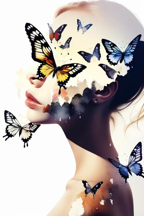 <lora:double exposure:0.6> (Double exposure),1girl,white background,(solo),( ink painting),dripping,(butterflies),masterpiece,best quality
