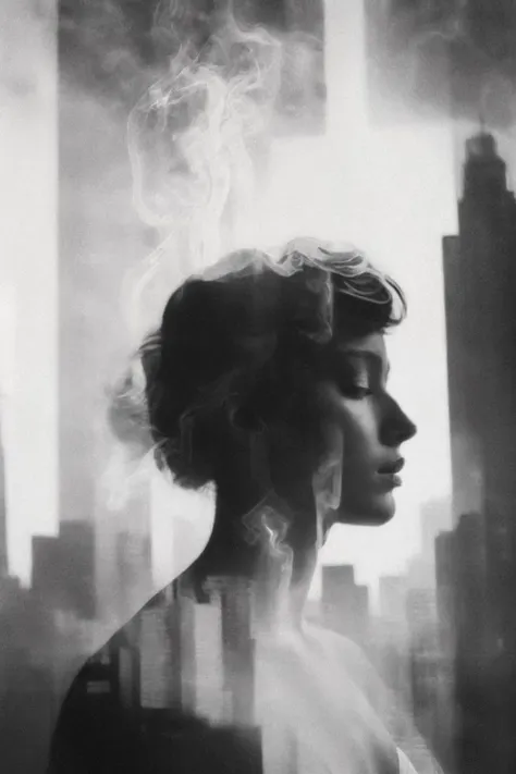 black and white <lora:double exposure:0.8> double exposure, manhattan, RoxieCipher smoking a (smkingdang-step-220:1.1), surrealism, nautilus, 1950s, jean-luc godard , french new wave <lora:Smoke:0.5>