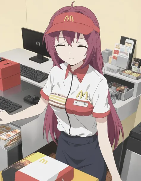 1girl,
<lora:akazaakaneXL1:0.8>,akazaakane,
closed eyes,ahoge, long hair,red hair,
smile,
<lora:macXLv1:1>,mac,solo, employee uniform, fast food uniform, visor cap, short sleeves, clothes writing,
indoor,masterpiece, best quality, ultra detailed, highres,4k,(ultra-detailed:1.4) (illustration:0.5), (ray tracing,:0.8),(anime colored:0.7),(ai-generated:0.5), (anime screencap:1.2),