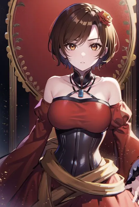 banicaconchita, <lyco:banicaconchita-lyco-nochekaiser:1>,
banica conchita, (brown eyes:1.5), brown hair, short hair,
BREAK bare shoulders, corset, detached sleeves, dress, flower, hair flower, hair ornament, red dress, red sleeves, rose,
BREAK cowboy shot, looking at viewer,
BREAK indoors,
BREAK <lyco:GoodHands-beta2:1>, (masterpiece:1.2), best quality, high resolution, unity 8k wallpaper, (illustration:0.8), (beautiful detailed eyes:1.6), extremely detailed face, perfect lighting, extremely detailed CG, (perfect hands, perfect anatomy),