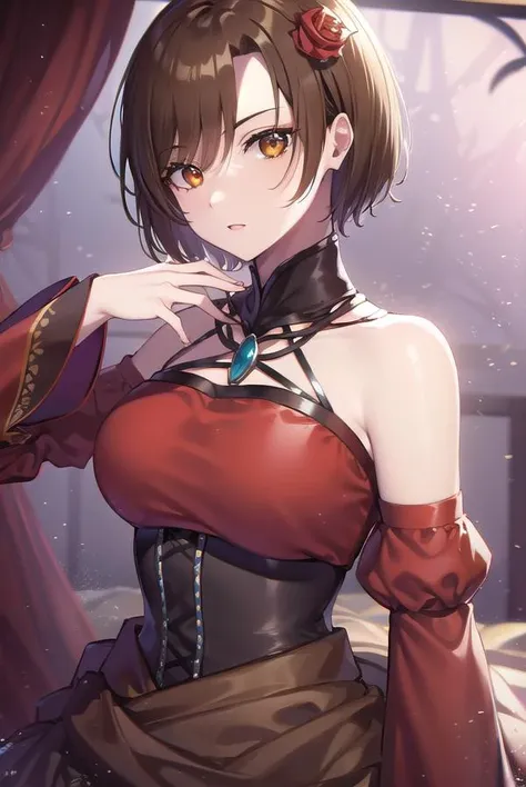 banicaconchita, <lyco:banicaconchita-lyco-nochekaiser:1>,
banica conchita, (brown eyes:1.5), brown hair, short hair,
BREAK bare shoulders, corset, detached sleeves, dress, flower, hair flower, hair ornament, red dress, red sleeves, rose,
BREAK cowboy shot, looking at viewer,
BREAK indoors,
BREAK <lyco:GoodHands-beta2:1>, (masterpiece:1.2), best quality, high resolution, unity 8k wallpaper, (illustration:0.8), (beautiful detailed eyes:1.6), extremely detailed face, perfect lighting, extremely detailed CG, (perfect hands, perfect anatomy),