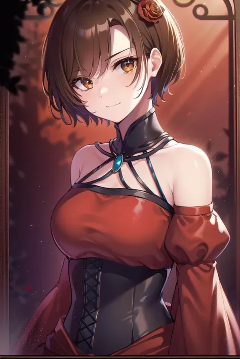 banicaconchita, <lyco:banicaconchita-lyco-nochekaiser:1>,
banica conchita, (brown eyes:1.5), brown hair, short hair, <lora:smirkingmouth_v100:1>,
BREAK bare shoulders, corset, detached sleeves, dress, flower, hair flower, hair ornament, red dress, red sleeves, rose,
BREAK cowboy shot, looking at viewer,
BREAK indoors,
BREAK <lyco:GoodHands-beta2:1>, (masterpiece:1.2), best quality, high resolution, unity 8k wallpaper, (illustration:0.8), (beautiful detailed eyes:1.6), extremely detailed face, perfect lighting, extremely detailed CG, (perfect hands, perfect anatomy),