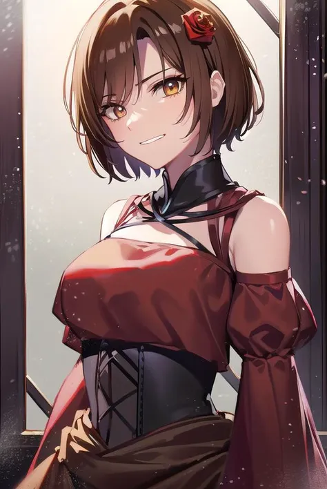 banicaconchita, <lyco:banicaconchita-lyco-nochekaiser:1>,
banica conchita, (brown eyes:1.5), brown hair, short hair, <lora:talkmouth_I_v100:1>,
BREAK bare shoulders, corset, detached sleeves, dress, flower, hair flower, hair ornament, red dress, red sleeves, rose,
BREAK cowboy shot, looking at viewer,
BREAK indoors,
BREAK <lyco:GoodHands-beta2:1>, (masterpiece:1.2), best quality, high resolution, unity 8k wallpaper, (illustration:0.8), (beautiful detailed eyes:1.6), extremely detailed face, perfect lighting, extremely detailed CG, (perfect hands, perfect anatomy),