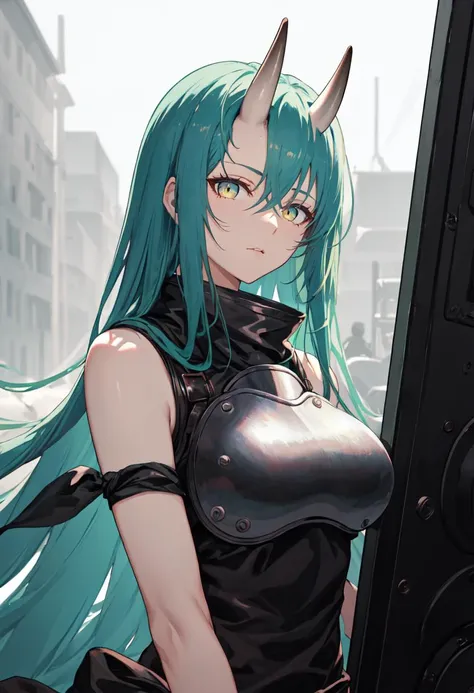 best quality, masterpiece, highres, solo, (hoshiguma_arknights:1.10), 1girl, bare shoulders, black shirt, sleeveless shirt, upper body, breastplate, closed mouth, looking at viewer, holding shield, 0 <lora:hoshiguma_arknights:0.80>