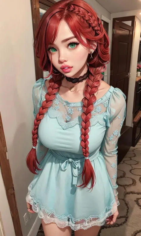 beautiful, masterpiece, best quality, hiqcgbody, anime, 1girl, sam yang, (18 year old), (redhead:1.4), (very long hair:1.2), (braids:1.5), (green eyes:1.3), ((lace mini dress)), large breasts, big lips, pink lipstick, (choker), mascara, (full shot:1.4), standing, (RSEEmma:1.2), deep cut, looking at viewer, intricate details, RAW, <lora:samdoesartsSamYang_offsetRightFilesize:0.2>, (fakelips7-2500:0.85), <lora:RSERomantic_RSESofiko_RSEEmma-v1:0.55>
