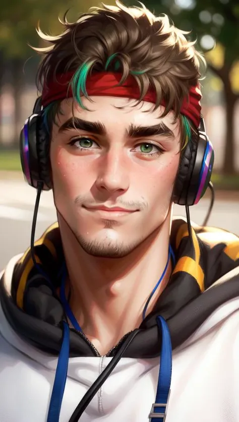 solo, 1boy, male focus, bara, facial hair, headphones, muscular male, muscular, stubble, mature male, headphones around neck, looking at viewer, upper body, short hair, thick eyebrows, hat, bandaid, shirt, pectorals, jewelry, pointing at self, green eyes, multicolored hair, smile, brown hair, headband, backwards hat, hoodie, Best quality, masterpiece, ultra high res, (photorealistic:1.4), 8k, intricate, elegant, highly detailed, majestic, digital photography,