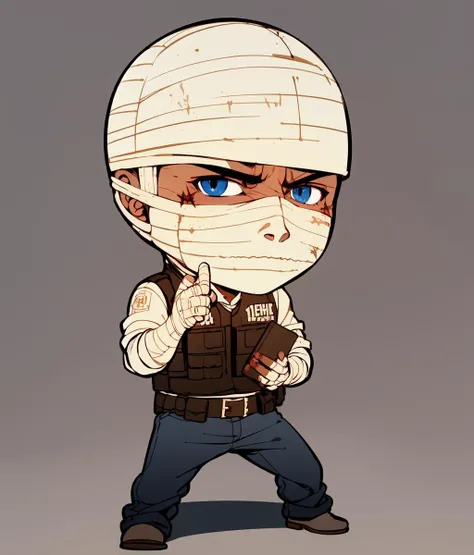 best quality,
(solo,1boy,chibi:1.5),joshua_graham,(burn scar face:1.3),angry, bandaged arm, bandaged hand, bandaged head, blue eyes, bulletproof vest,holding book,
<lyco:NV-joshua_v10:1.0>