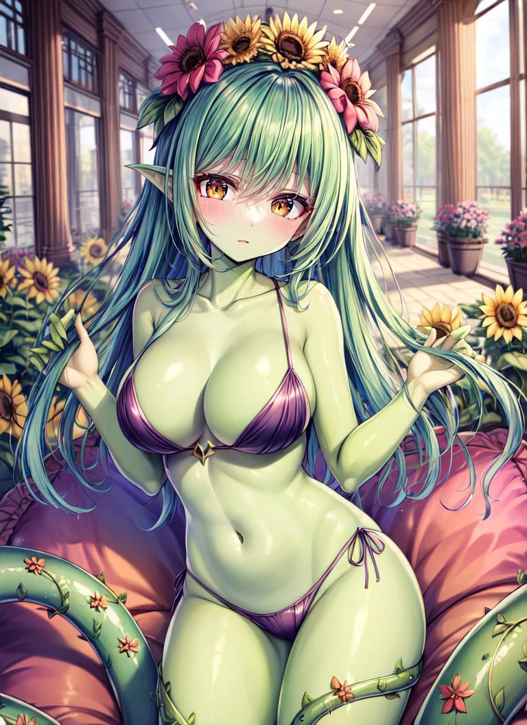 ((best quality)), ((highly detailed)), masterpiece, absurdres, (detailed eyes, deep eyes), <lora:more_details:.5>, (1girl), Perspective control, dynamic pose, cowboy shot, <lora:aiomonstergirls_aiov4LoraLycoris:.8>, <lora:alraune_cpt_v01:.7>, alraunecpt, alraune\(monster girl encyclopedia\), monster girl, (plant girl), green hair, plant hair, yellow eyes, leaves, colored skin, <lora:coloredSkin:0.4>, ((green skin:1.33)), pink flowers, tentacles, (vines), giant flower, sunflower, nectar, plant, tree bark, large breasts, (plant clothes), collarbone, (navel), (indoors, in a shopping mall)