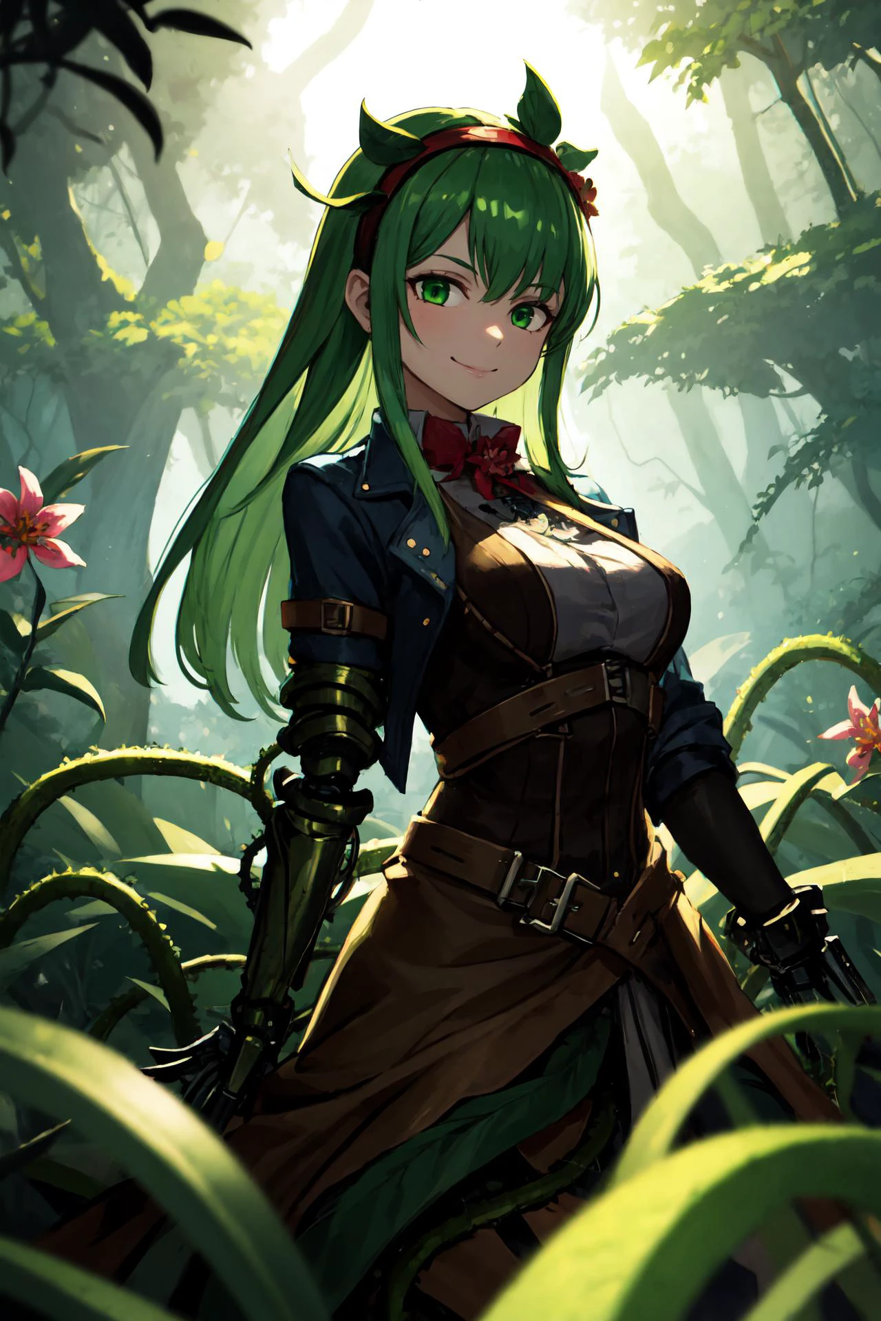 (high quality, best quality, 4k, 2k, (intricate:1.1), (high detail:1.3)), ((outdoors, forest)), (official wallpaper, volumetric lighting, dynamic lighting),
1girl, solo, (flowers, vines, alraunecpt, vegetation, alraune:1.1), green hair, long hair, bangs, sidelocks, (green eyes),
((steampunk, jacket, harness, gloves, headband)), (((mechanical arms))),
cowboy shot, ((smile, endearing)),
<lora:alraune_cpt_v01:1>