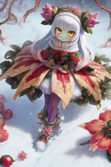 A monster girl,1girl, electric white hair, forest,  curious expression, soft fur,forest environment,mysterious enchanting atmosphere,(long skirt:1) ,(yellow pantyhose stocking:1.2)<lora:detail_slider_v4:2>  ,magical, winter, realm, snow falls,enchanted landscape, fantasy scene,wonders, cool hues,snowflakes,walking, trail, snowy, surrounded snow covered, trees, fantastical, creatures, soft winter light,wonderland,  fantasy world,beauty,(gold eyes:1.4),(face close up:1),( horns),(Snowy eyebrows), yellow detailed eyes,big eyes, detailed pupils, hdr shadows, dark spirits , horror background, shadow monsters, creepy monsters,, horror \(theme\),extra eyes,  <lora:christmas_test:1.1>(alraunecpt:1.5), (plant_girl:1.3), colored skin, vines, (flower),( hair flower), on flower, <lora:alraune_cpt_v01:1.7>,(Christmas flower),(vines:1.8)