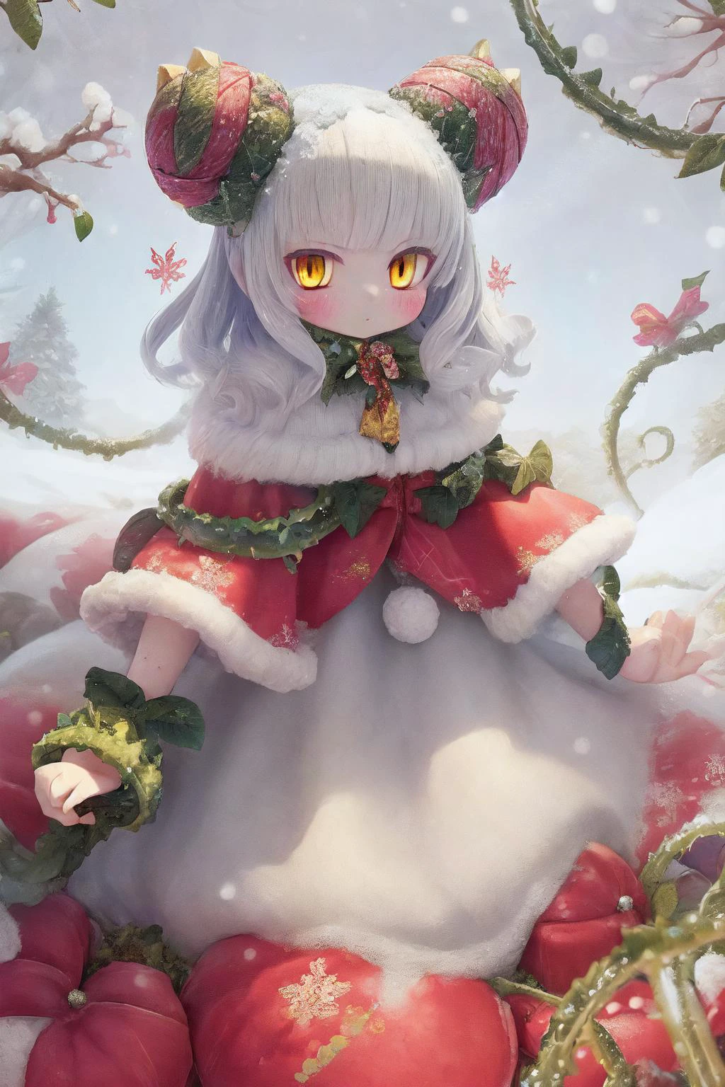 A monster girl,1girl, electric white hair, forest, curious expression, soft fur,forest environment,mysterious enchanting atmosphere,(long skirt:1) ,(yellow pantyhose stocking:1.2)<lora:detail_slider_v4:2> ,magical, winter, realm, snow falls,enchanted landscape, fantasy scene,wonders, cool hues,snowflakes,walking, trail, snowy, surrounded snow covered, trees, fantastical, creatures, soft winter light,wonderland, fantasy world,beauty,(gold eyes:1.4),(face close up:1),( horns),(Snowy eyebrows), yellow detailed eyes,big eyes, detailed pupils, hdr shadows, dark spirits , horror background, shadow monsters, creepy monsters,, horror \(theme\),extra eyes, <lora:christmas_test:1.1>(alraunecpt:1.5), (plant_girl:1.3), colored skin, vines, (flower),( hair flower), on flower, <lora:alraune_cpt_v01:1.7>,(Christmas flower),(vines:1.8)
