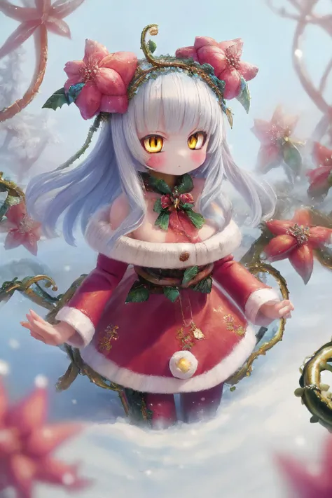 A monster girl,1girl, electric white hair, forest,  curious expression, soft fur,forest environment,mysterious enchanting atmosphere,(long skirt:1) ,(yellow pantyhose stocking:1.2)<lora:detail_slider_v4:2>  ,magical, winter, realm, snow falls,enchanted landscape, fantasy scene,wonders, cool hues,snowflakes,walking, trail, snowy, surrounded snow covered, trees, fantastical, creatures, soft winter light,wonderland,  fantasy world,beauty,(gold eyes:1.4),(face close up:1),( horns),(Snowy eyebrows), yellow detailed eyes,big eyes, detailed pupils, hdr shadows, dark spirits , horror background, shadow monsters, creepy monsters,, horror \(theme\),extra eyes,  <lora:christmas_test:1.1>(alraunecpt:1.5), (plant_girl:1.3), colored skin, vines, (flower),( hair flower), on flower, <lora:alraune_cpt_v01:1.7>,(Christmas flower),(vines:1.8)