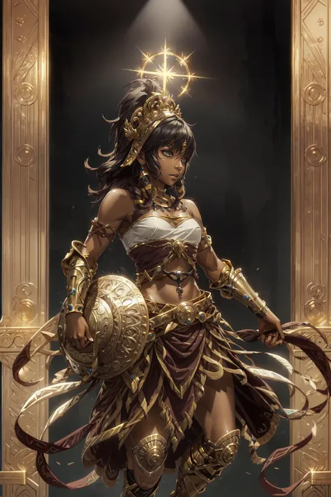 best quality, intricate details,
 <lora:danmachiTiona_v10:0.8> bandeau, skirt, dark-skinned female, navel, hair tubes, 
  <lora:bronzepunkai_v20:0.8> bronzepunkai,  metal plating, bronze gauntlets, crown, bronze fantasy city,