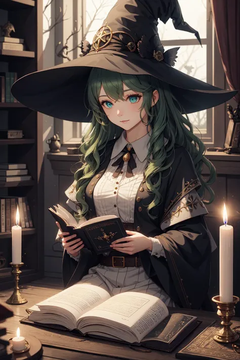 original character , beautiful girl with green wavy hair , witch hat , sitting in a dimley lit room , candles , casting a spell , sitting on the floor , dark room , reading a spell book, looking away , shallow depth of field , rendered , stunning details