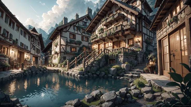 the hobbit, tolkien, a medieval village in switzerland with river and pool, ornate, beautiful, atmosphere, vibe, flowers, concept art illustration, greg rutowski, volumetric lighting, sunbeams, particles, oversaturate, intricate, volumetric lighting, beautiful, rich deep colors masterpiece, sharp focus, perfect composition, intricate detailed octane render perfect composition, beautiful detailed intricate insanely detailed, cinematic perfect light, chiaroscuro, masterpiece