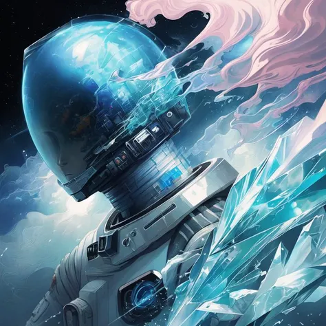rcnz_niji style astronaut , a pastel by Android Jones , [:anime line art:0.2], Water and Smoke and Sound themed, epic splash art , crystal cubism, , realistic