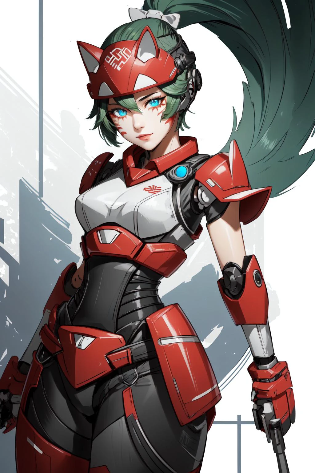 best quality, intricate details,
1girl, <lora:kirikoOverwatch_v20:0.8> tag:1girl,facial mark,fox, green hair,
<lora:robotGirlLora_v10:0.8> humanoid robot, robot, robot joints, joints, helmet, armor, robot girl,