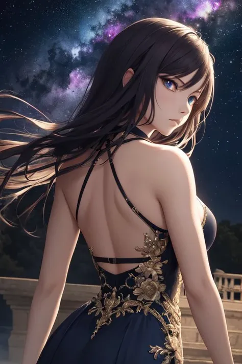 highest quality, High resolution, perfect human structure, background focus, shining hair, brown hair, bob hair, from behind , gradient eyes, flowing bangs, on the cliff, sitting, overlooking the city, Near future, night, aurora,