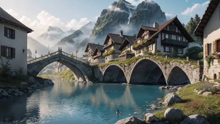 the hobbit, tolkien, a medieval village in switzerland with river and pool, ornate, beautiful, atmosphere, vibe, flowers, concept art illustration, greg rutowski, volumetric lighting, sunbeams, particles, oversaturate, intricate, volumetric lighting, beautiful, rich deep colors masterpiece, sharp focus, perfect composition, intricate detailed octane render perfect composition, beautiful detailed intricate insanely detailed, cinematic perfect light, chiaroscuro, masterpiece